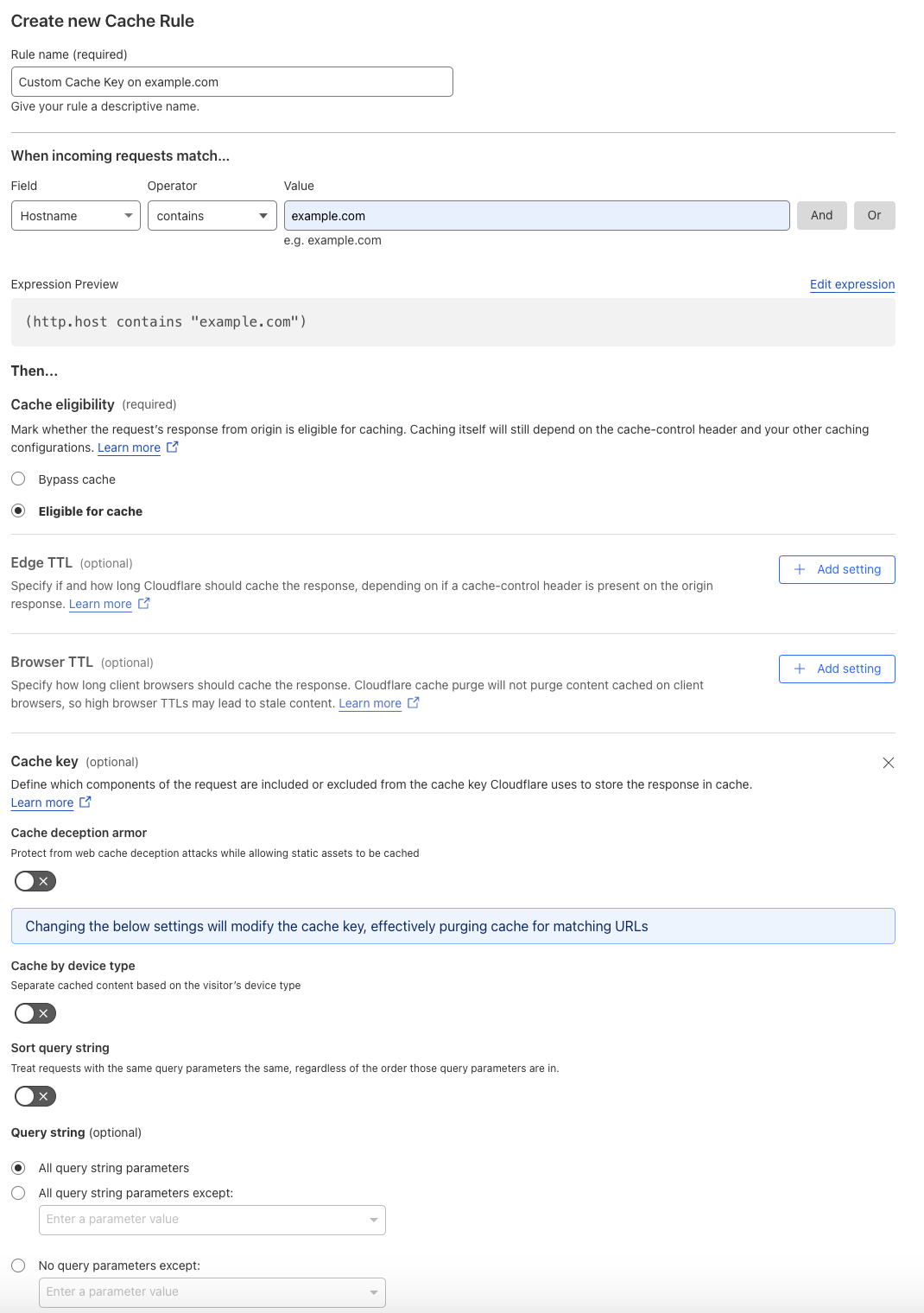 Cache rule matching the ‘Custom Cache Key’ setting of the example Page Rule