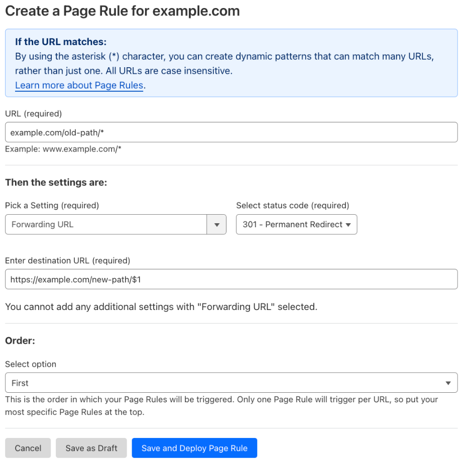 Example Page Rule #2 with ‘Forwarding URL’ setting
