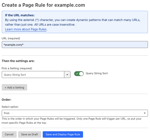 Example Page Rule with ‘Query String Sort’ setting